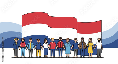 Diverse Group Standing Together United With National Symbol Representing Community