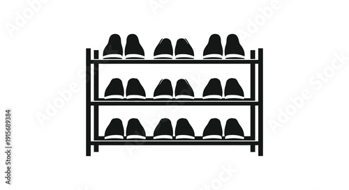 A black and white line drawing depicts a three tiered shoe rack filled with several pairs of footwear