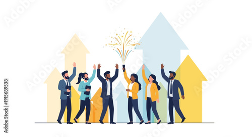 Diverse Team Celebrates Success With Upward Growth Arrows and Confetti