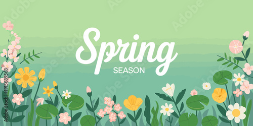 Spring season flowers and leaves on green background with text