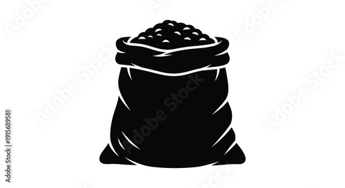 A simple black silhouette depicts a full tied sack or bag overflowing with granular material high quality professional