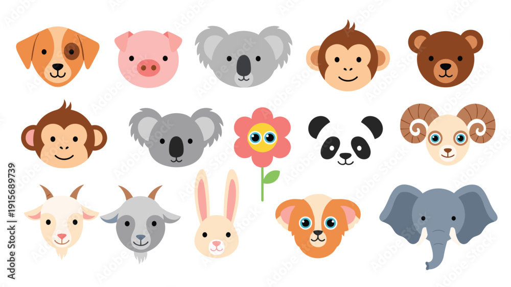 Fototapeta premium Selection of cute animal head icons featuring species like a dog, pig, koala, monkey, and a single smiling flower character.