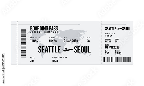 Airline boarding pass ticket for Seattle to Seoul flight