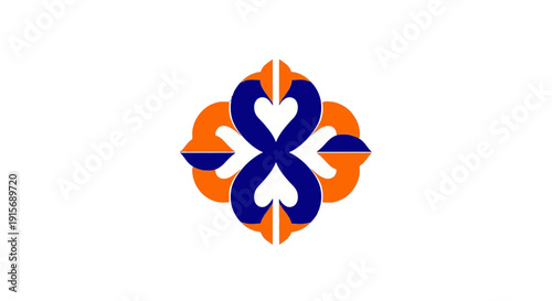Abstract symmetrical design with blue and orange elements.