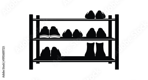 A simple black and white illustration depicts a three tiered shoe rack holding various footwear styles high quality professional