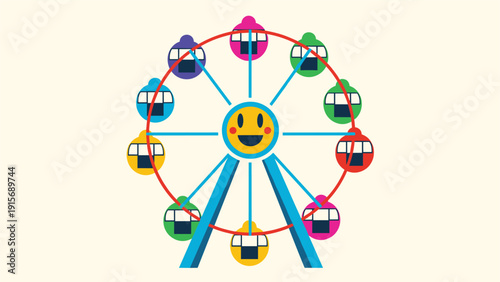Colorful ferris wheel illustration with a happy smiley face center and multi colored passenger gondolas against a cream background.