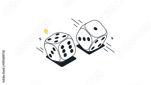 Dynamic minimalist illustration of two black and white dice rolling across a surface with motion lines and sparkles.