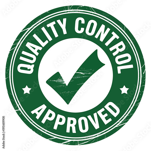 Green quality control approved stamp with checkmark and stars