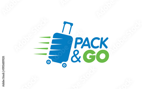 Blue suitcase with green motion lines and pack and go text on white
