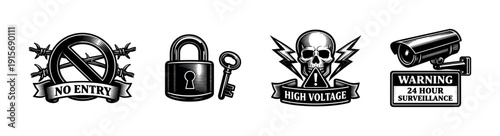 Security and warning flat vector icons set with surveillance and danger symbols