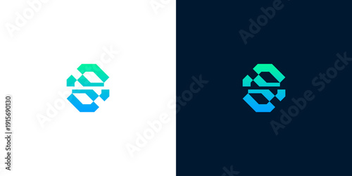 Modern geometric abstract E letter logo design on white and dark backgrounds, clean and futuristic corporate identity symbol