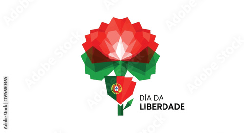 Red and green geometric rose with Portuguese flag and Dia da Liberdade text Liberation Day