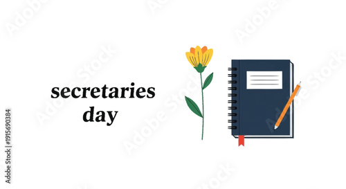 Yellow flower and spiral notebook with pencil on white background for secretaries day