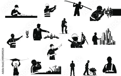 Collection of black silhouettes depicting various occupations and daily activities