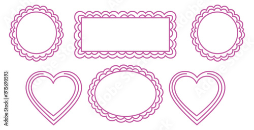 Collection of decorative pink line art frames featuring various shapes like circles ovals rectangles and hearts perfect for scrapbooking or invitations