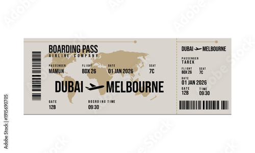 Dubai to Melbourne airplane boarding pass ticket airline