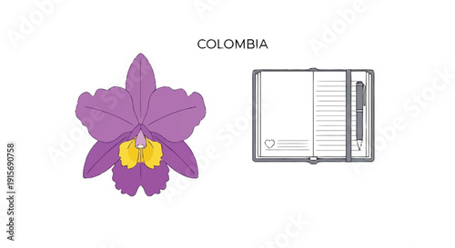 Purple orchid flower and notebook with pencil Colombia
