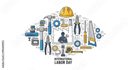 International Labor Day with construction tools and worker hard hat hammer