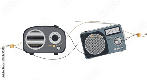 Vector illustration of two connected radios on World Radio Day, symbolizing global broadcast and music event with a design icon for voice and radio waves.