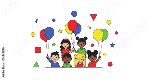 Children holding colorful balloons and surrounded by shapes kids