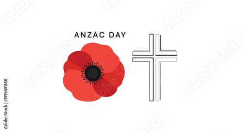 Red poppy and white cross on white background with Anzac Day text