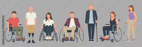 Diverse Adults with Disabilities Using Wheelchairs and Prosthetic Legs in Inclusive Society Concept, Flat Vector Illustration on Accessibility and Independence