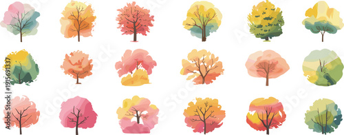 Watercolor Autumn Trees Collection, Colorful Seasonal Forest Landscape Elements in Hand Painted Style, Isolated Artistic Tree Illustrations for Design and Decoration
