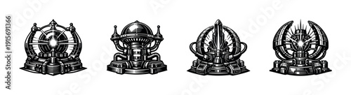 Retro futuristic machines collection. flat vector icons set. sci-fi and mechanical designs