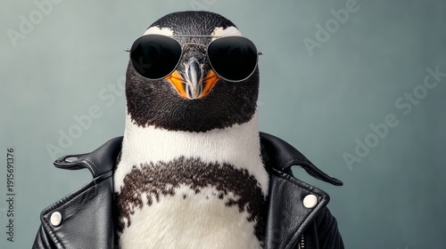 A penguin wearing sunglasses and a leather jacket. The penguin is posing for a photo. Scene is playful and fun