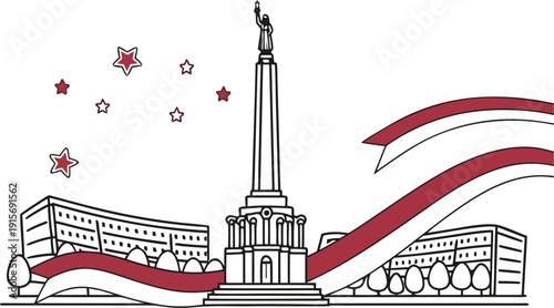 Statue on pedestal with buildings and red white ribbons red and white ribbons stars