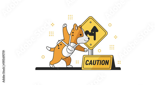 Dog Cartoon Approaching Caution Sign Vector Illustration on White Background