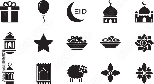 Eid mubarak celebration icons collection with lantern star crescent moon mosque gift balloon sheep and floral patterns