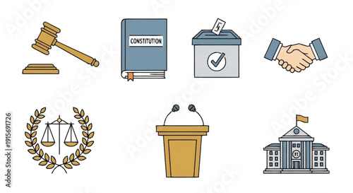 Government law symbols including gavel constitution ballot box handshake scales podium and