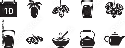 Ramadan food icons set with dates fruit water soup and tea kettle isolated on transparent background for holy month fast