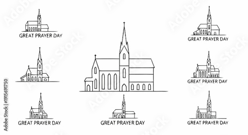 Black and white line of churches with Prayer Day text line black and white religious buildings