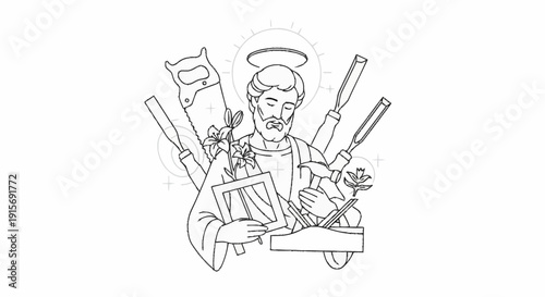Saint joseph the carpenter with tools and flowers halo