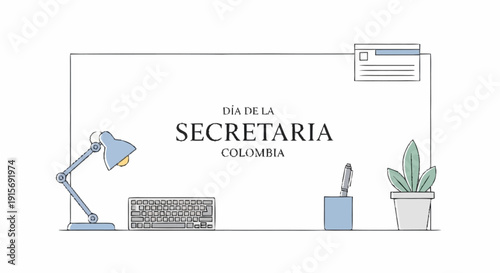 Desk with lamp keyboard pen holder plant and colombian secretary day text