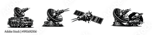 Satellite communication flat vector icons set. spacecraft, antenna, and radar elements collection