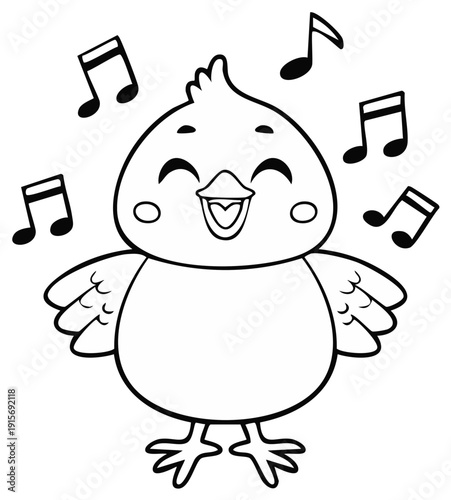 Joyful cartoon chick singing with musical notes overhead for illustration and design