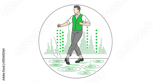 Dynamic Irish Dancer Performs Rhythmic Steps Amidst Abstract Cityscape