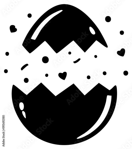 Cracked egg silhouette with exploding hearts and confetti for an Easter surprise or birth announcement