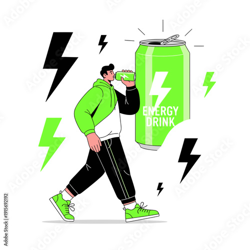 Dynamic Man Consuming Refreshing Energy Drink Amidst Lightning Bolt Accents