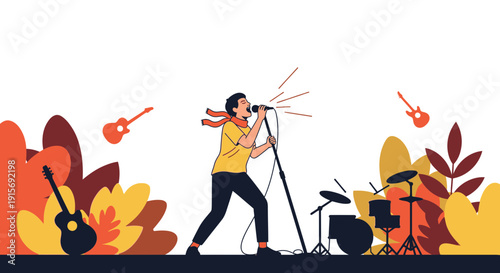 Dynamic Musician Performing Live With Guitar And Drums At Outdoor Concert