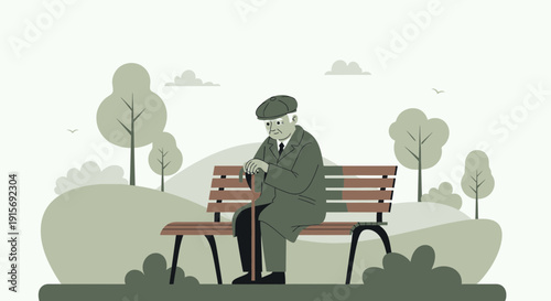 Elderly Gentleman Reflecting Peacefully on Park Bench Serenity