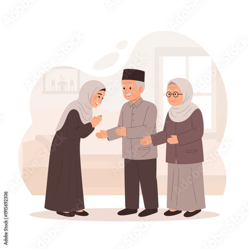 Elderly Couple Greets Young Woman with Warm Welcome