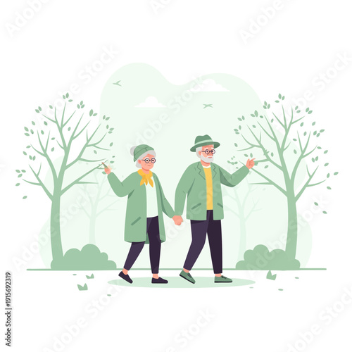 Elderly Couple Strolling Through A Peaceful Park, Enjoying Leisure And Togetherness Moment