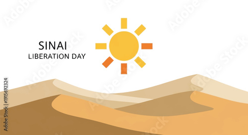 Desert landscape with sun and Sinai Liberation Day text sand dunes yellow sun orange