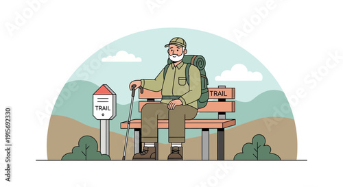 Elderly Hiker Enjoys Scenic Rest Stop And Trail Experience