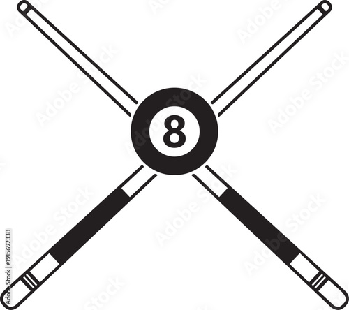 Eight Ball Cue Cross: The iconic eight ball rests center stage, crossed with two cue sticks. Representing the core of billiards in monochrome, this image speaks to competition, precision.
