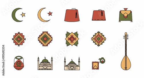 Islamic symbols and including crescent moon star mosque and musical instrument muslim